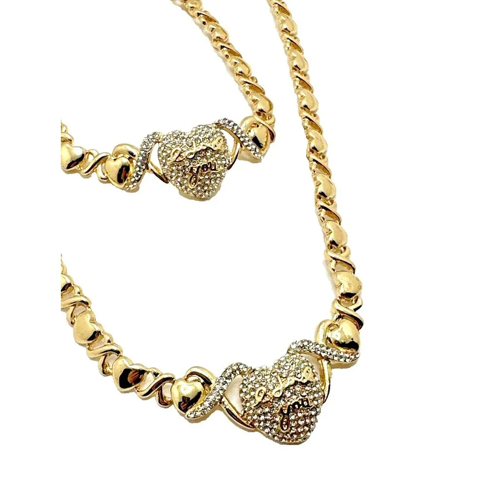 Gold Tone Rhinestone Heart Necklace Bracelet Set I Love You Pave Statement